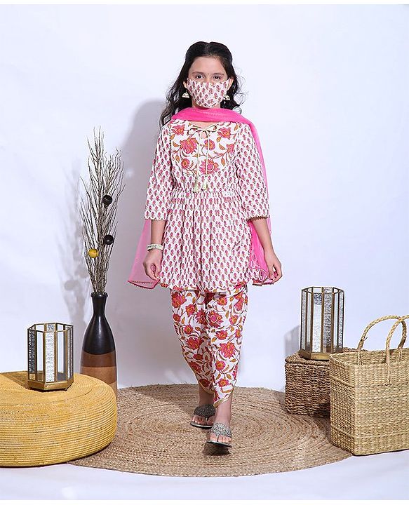 Pine Kids Three Fourth Sleeves Kurti & Dhoti Style Pyjama With Dupatta Floral Print - White Pink