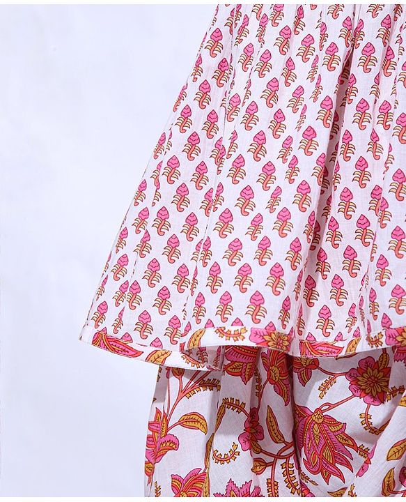 Pine Kids Three Fourth Sleeves Kurti & Dhoti Style Pyjama With Dupatta Floral Print - White Pink