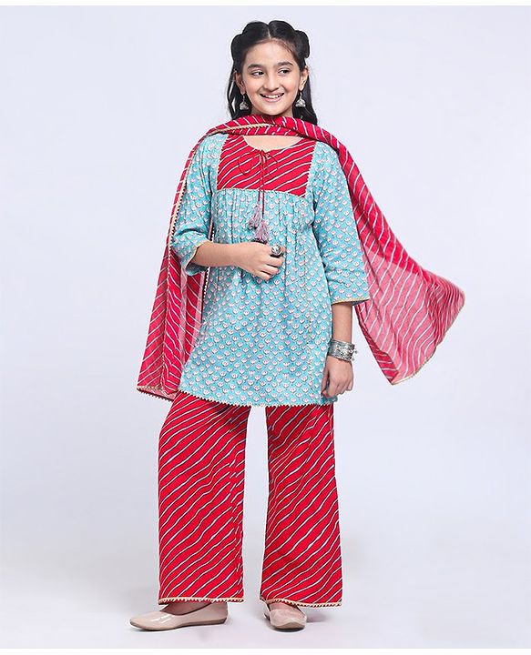 Pine Kids Printed Kurti & Palazzo with Dupatta - Blue