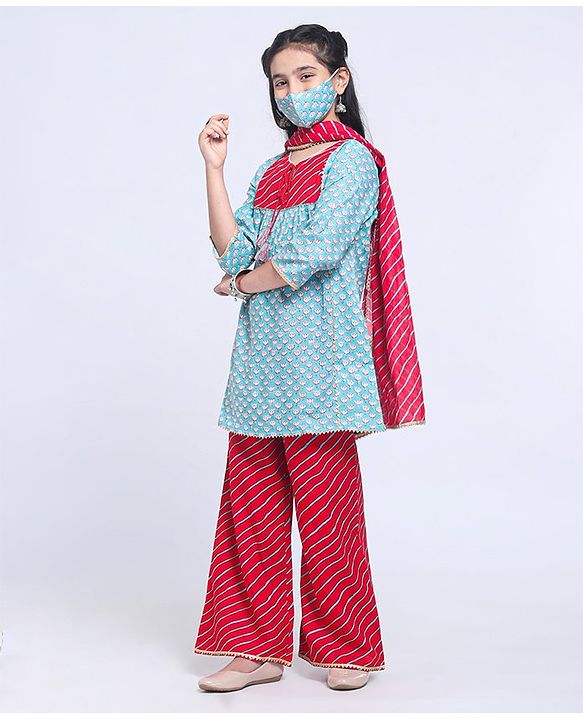 Pine Kids Printed Kurti & Palazzo with Dupatta - Blue