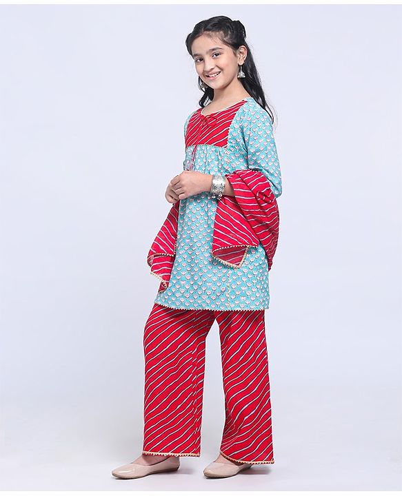 Pine Kids Printed Kurti & Palazzo with Dupatta - Blue