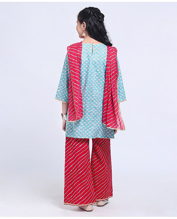 Pine Kids Printed Kurti & Palazzo with Dupatta - Blue