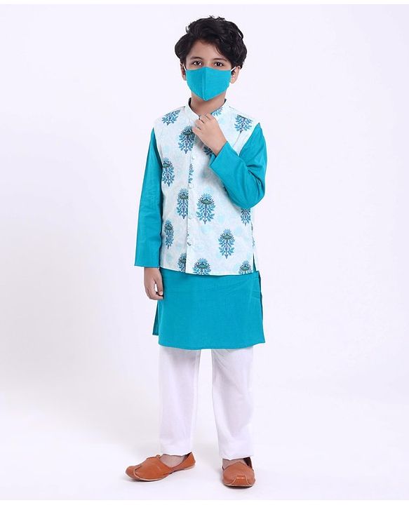 Pine Kids Full Sleeves Kurta Pyjama Set with Modi Jacket Buti Print - Green