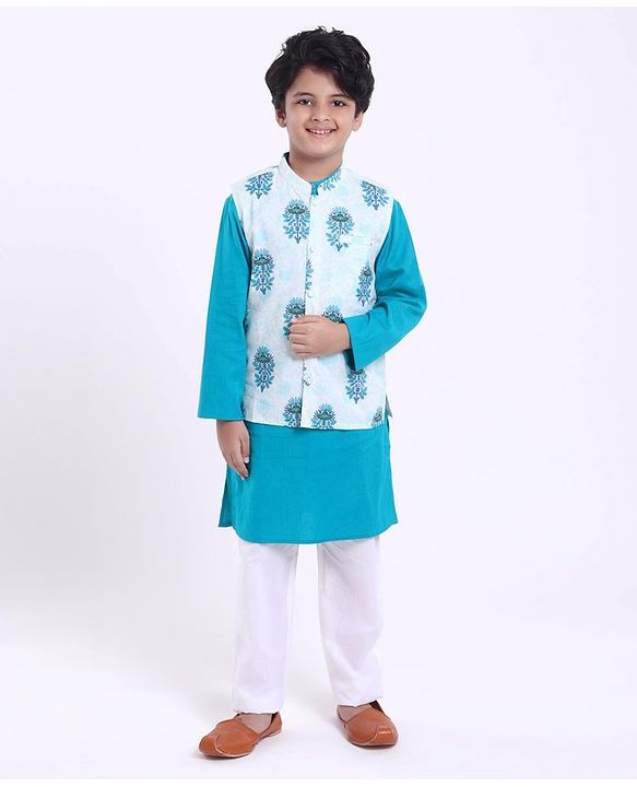 Pine Kids Full Sleeves Kurta Pyjama Set with Modi Jacket Buti Print - Green