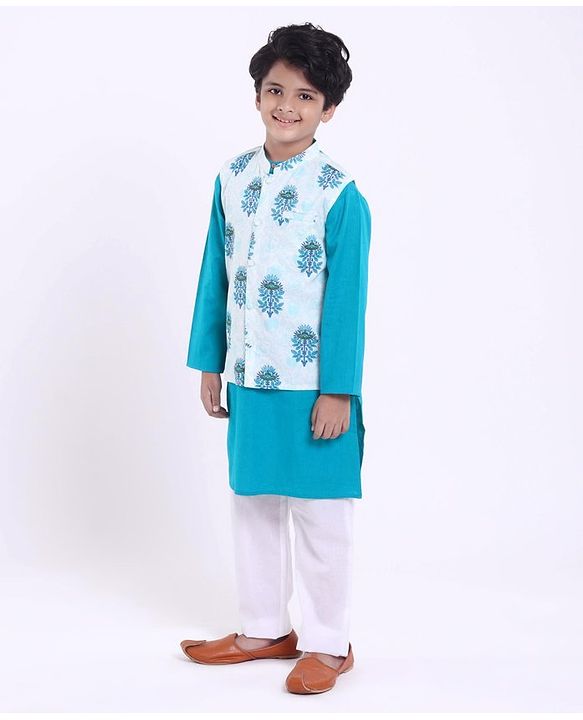 Pine Kids Full Sleeves Kurta Pyjama Set with Modi Jacket Buti Print - Green