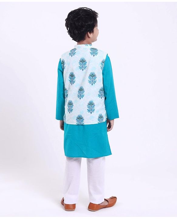 Pine Kids Full Sleeves Kurta Pyjama Set with Modi Jacket Buti Print - Green