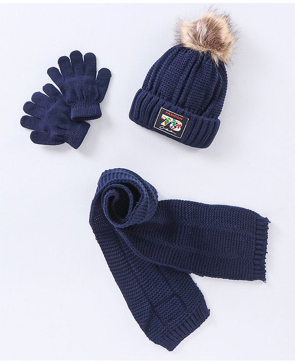 Babyhug Woollen Cap Gloves With Muffler Blue - Cap Diameter 10 cm