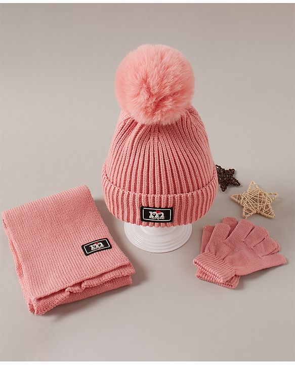 Babyhug Woollen Cap Gloves and Muffler Set Pink - Diameter 11 cm