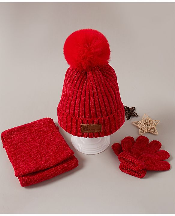 Babyhug Woollen Cap Muffler & Gloves Red - Diameter 13 cm