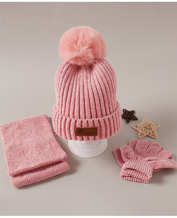Babyhug Woollen Cap Muffler & Gloves Red - Diameter 13 cm