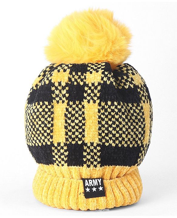 Babyhug Woollen Checks Cap & Muffler With Gloves Yellow - Diameter 11 cm