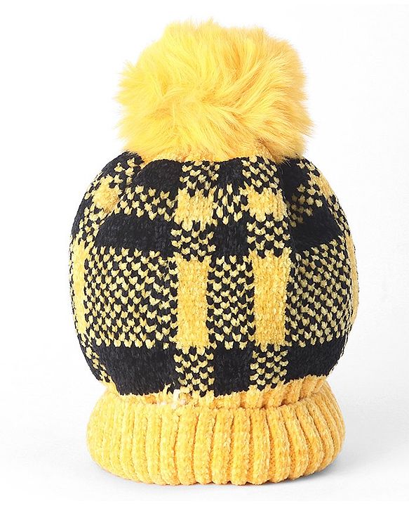 Babyhug Woollen Checks Cap & Muffler With Gloves Yellow - Diameter 11 cm