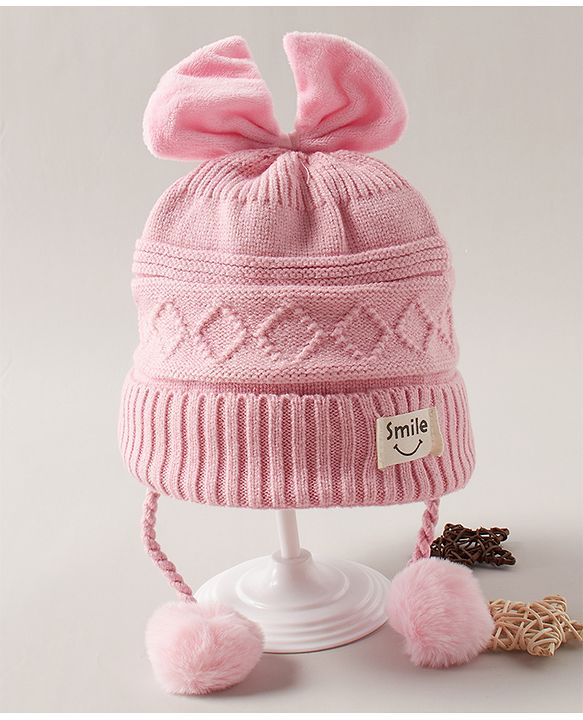 Babyhug Woolen Cap with Bow Motif and Pom Pom Pink - Diameter 10 cm
