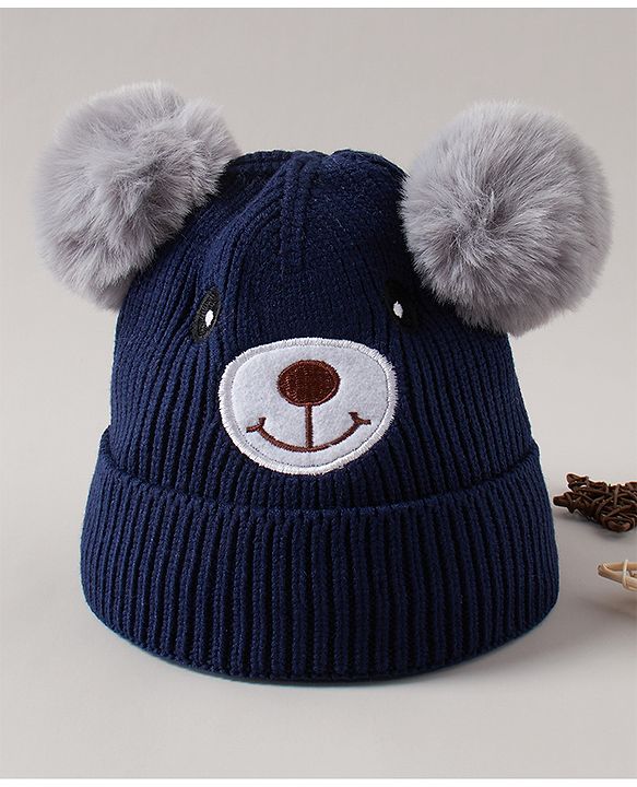 Babyhug Woolen Cap Bear Embroidery Blue - Diameter 14 cm