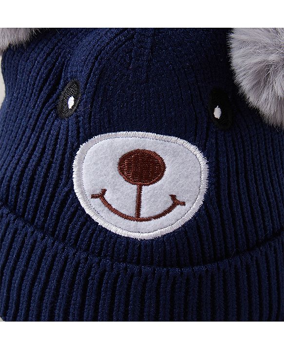 Babyhug Woolen Cap Bear Embroidery Blue - Diameter 14 cm