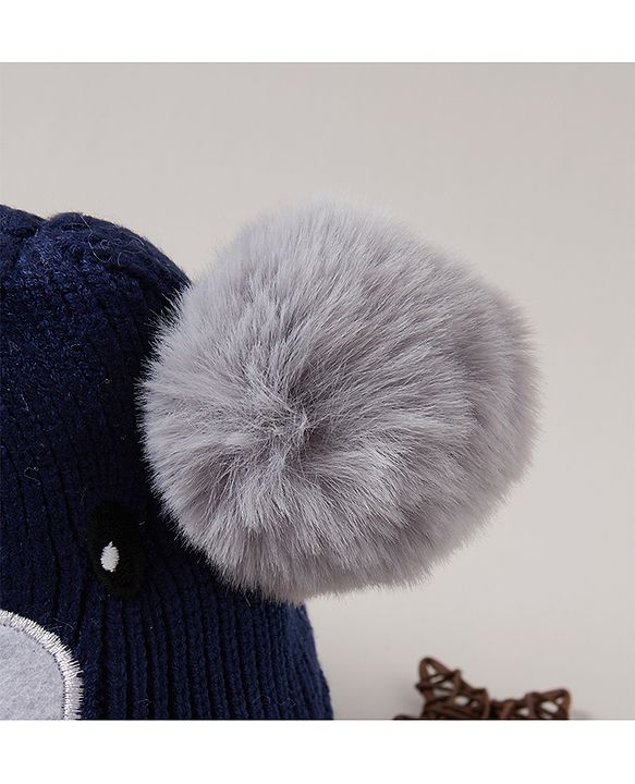 Babyhug Woolen Cap Bear Embroidery Blue - Diameter 14 cm