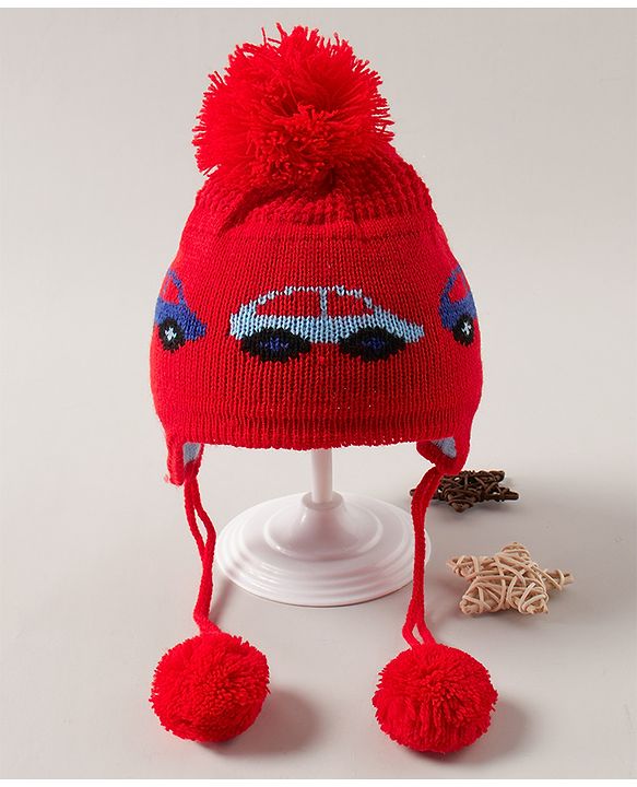 Babyhug Cap with Pom Pom Car Print Red - Diameter 12 cm