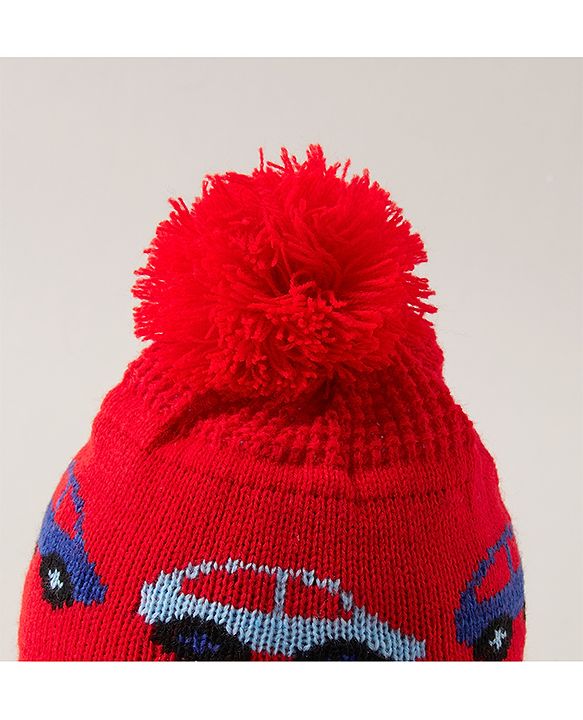 Babyhug Cap with Pom Pom Car Print Red - Diameter 12 cm
