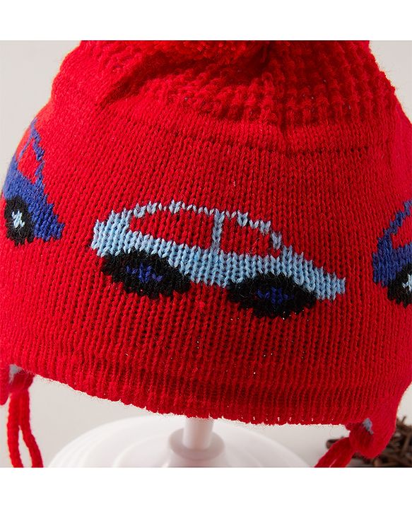 Babyhug Cap with Pom Pom Car Print Red - Diameter 12 cm