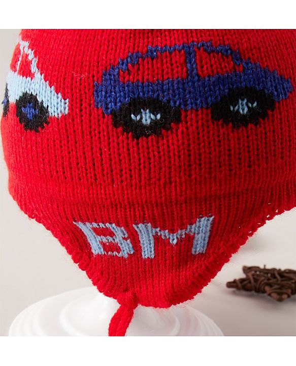 Babyhug Cap with Pom Pom Car Print Red - Diameter 12 cm