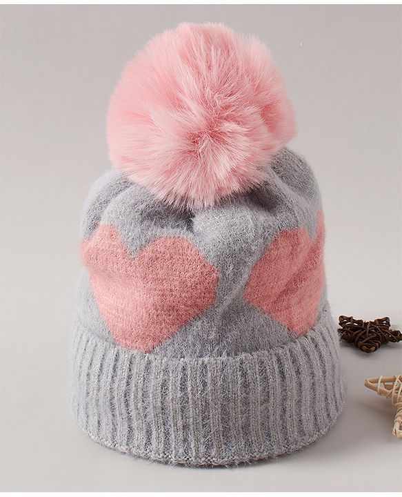 Babyhug Pom Pom Winter Cap Heart Print Grey - Diameter 11 cm