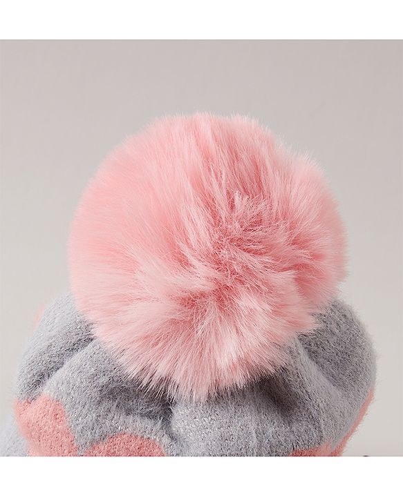 Babyhug Pom Pom Winter Cap Heart Print Grey - Diameter 11 cm