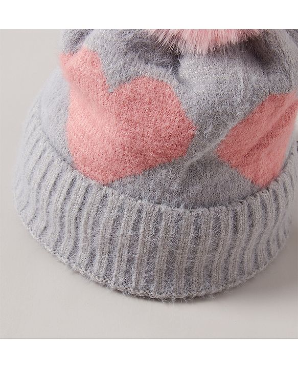 Babyhug Pom Pom Winter Cap Heart Print Grey - Diameter 11 cm