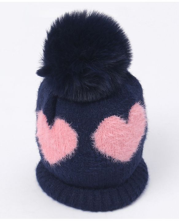 Babyhug Pom Pom Winter Cap Heart Print Blue - Diameter 11 cm