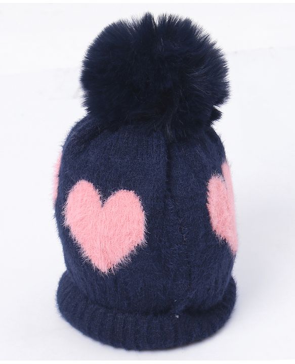 Babyhug Pom Pom Winter Cap Heart Print Blue - Diameter 11 cm