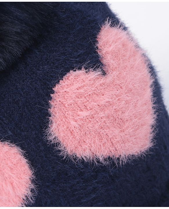 Babyhug Pom Pom Winter Cap Heart Print Blue - Diameter 11 cm