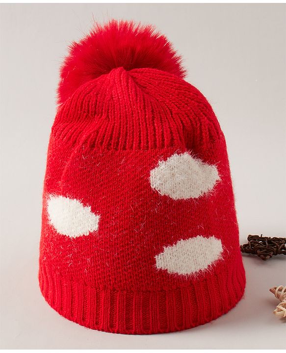 Babyhug Winter Caps With Pom Pom Red - Diameter 14 cm