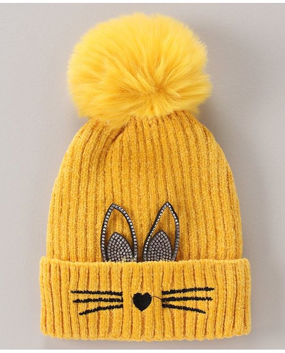Babyhug Cap with Pom Pom Kitten Design Yellow - Cap Diameter 12 cm (Product Inner Lining Color May Vary)