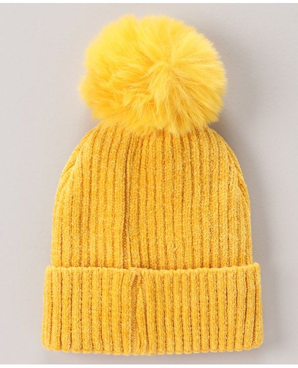 Babyhug Cap with Pom Pom Kitten Design Yellow - Cap Diameter 12 cm (Product Inner Lining Color May Vary)