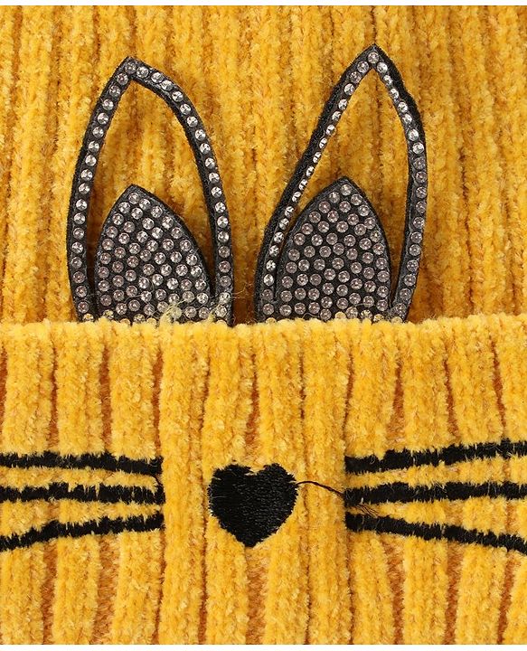 Babyhug Cap with Pom Pom Kitten Design Yellow - Cap Diameter 12 cm (Product Inner Lining Color May Vary)