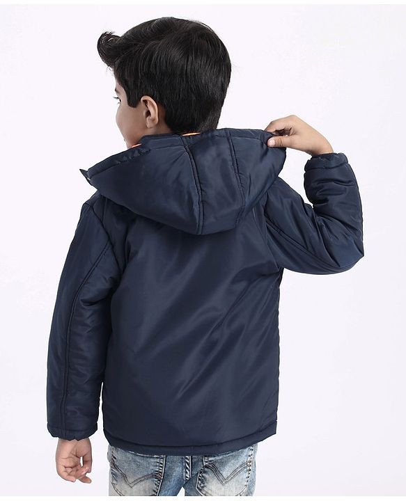 Babyhug Full Sleeves Quilted Hooded Jacket Text Badge - Navy Blue