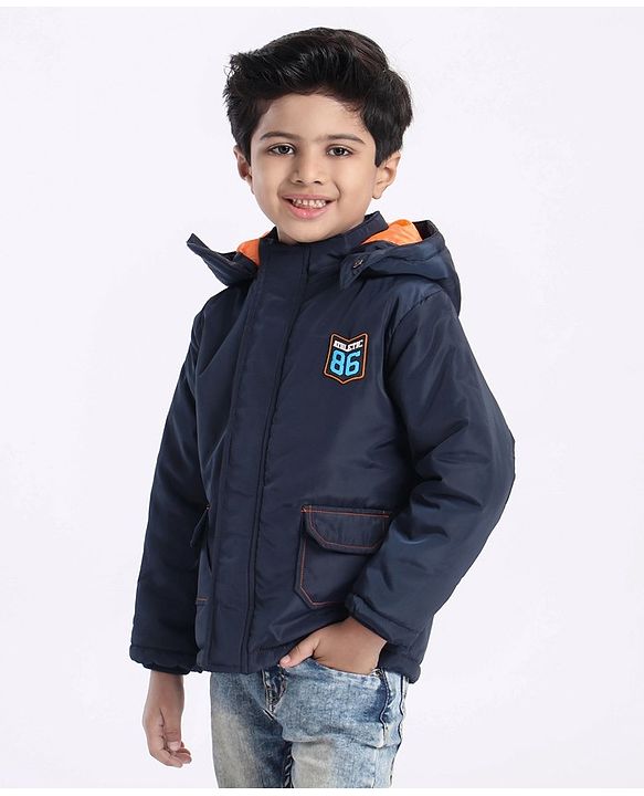 Babyhug Full Sleeves Quilted Hooded Jacket Text Badge - Navy Blue