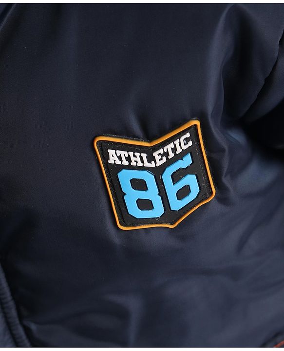 Babyhug Full Sleeves Quilted Hooded Jacket Text Badge - Navy Blue
