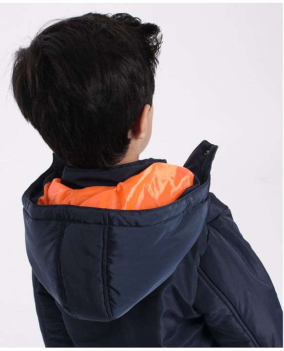 Babyhug Full Sleeves Quilted Hooded Jacket Text Badge - Navy Blue