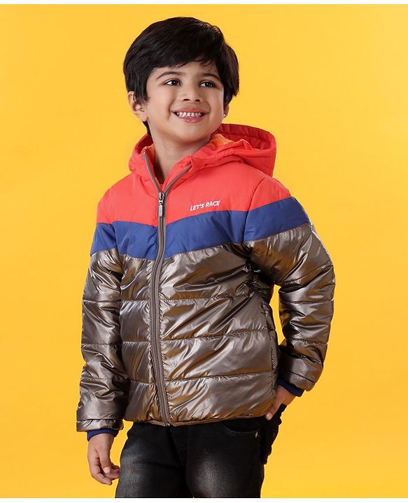 Babyhug Full Sleeves Hooded Padded Jacket  Let's Race Embroidery - Red Silver