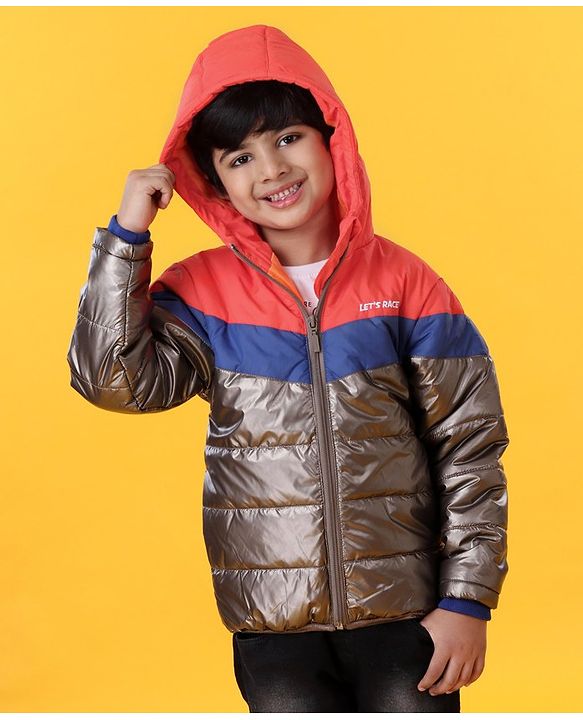 Babyhug Full Sleeves Hooded Padded Jacket  Let's Race Embroidery - Red Silver