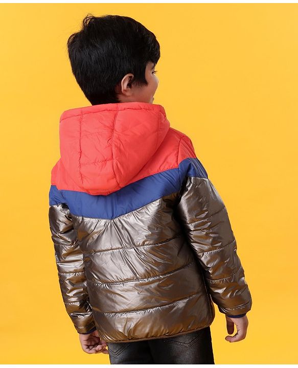 Babyhug Full Sleeves Hooded Padded Jacket  Let's Race Embroidery - Red Silver