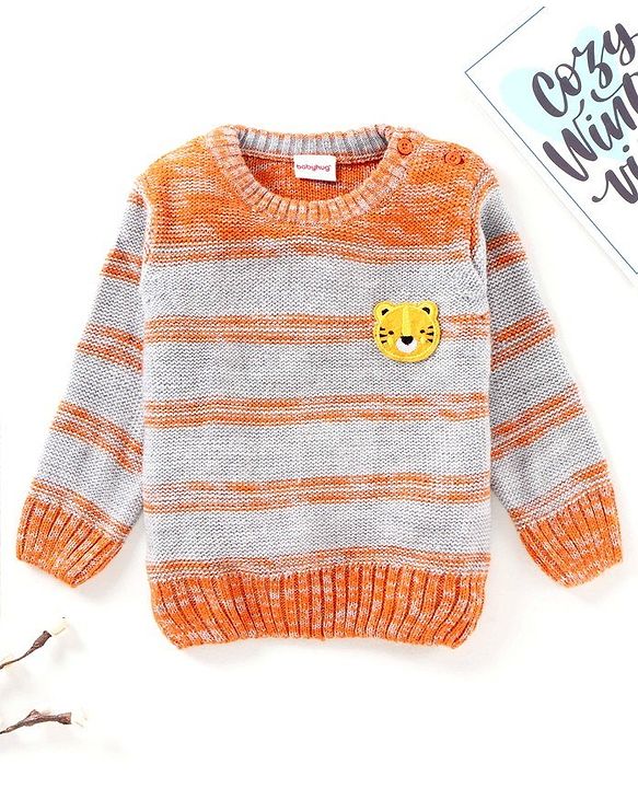 Babyhug Full Sleeves Striped Sweater Tiger Patch - Orange