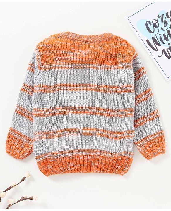 Babyhug Full Sleeves Striped Sweater Tiger Patch - Orange