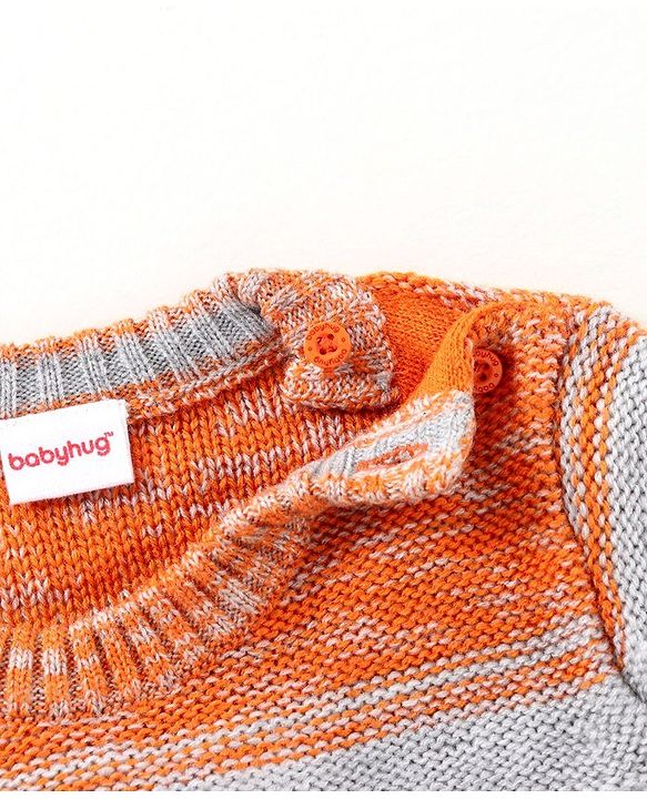 Babyhug Full Sleeves Striped Sweater Tiger Patch - Orange