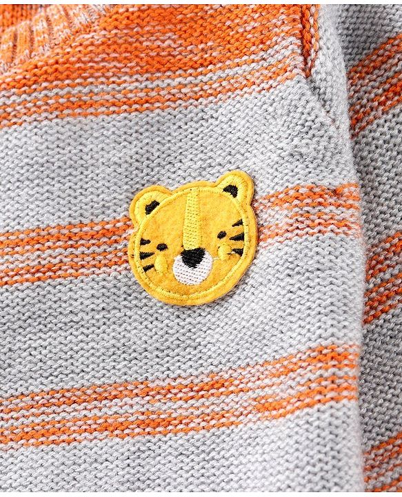 Babyhug Full Sleeves Striped Sweater Tiger Patch - Orange