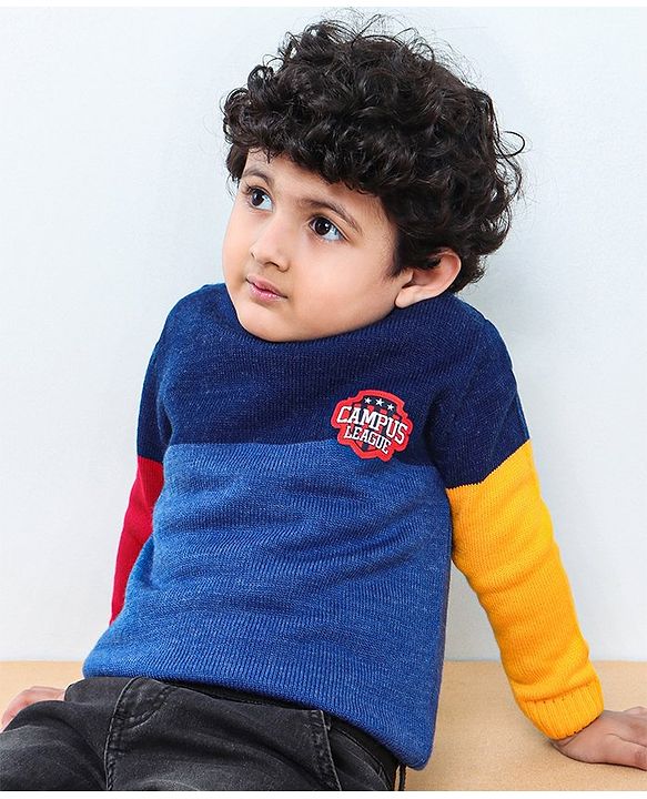 Babyhug Full Sleeves Pull Over Sweater Colour Block Print - Blue