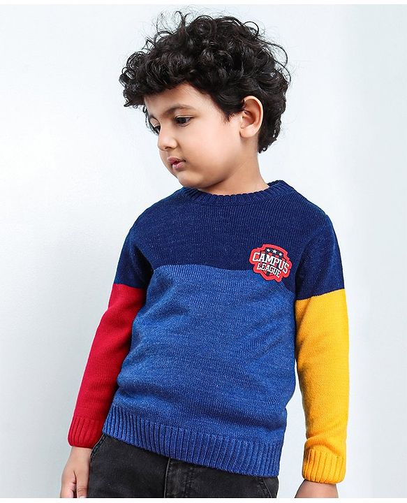 Babyhug Full Sleeves Pull Over Sweater Colour Block Print - Blue