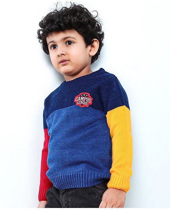 Babyhug Full Sleeves Pull Over Sweater Colour Block Print - Blue