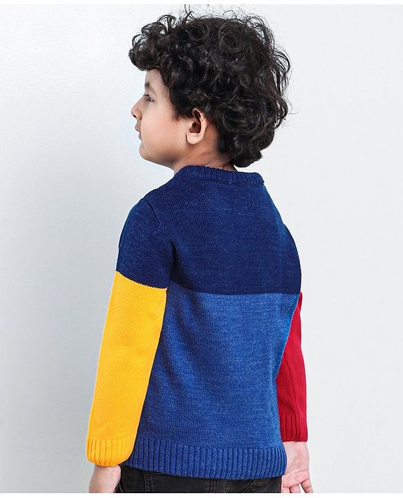 Babyhug Full Sleeves Pull Over Sweater Colour Block Print - Blue