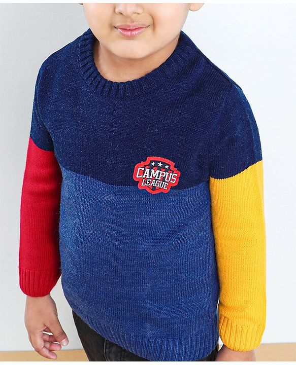 Babyhug Full Sleeves Pull Over Sweater Colour Block Print - Blue